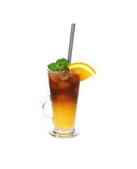 Isolated glass of colorful cocktail of bumble or crazy bee with orange juice and espresso coffee. Trendy summer coffee drink.