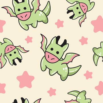 Cute green dragon and stars doodle cartoon pattern