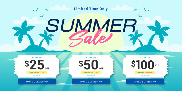Summer sale coupon template banner vector design. Rising sun on the sea