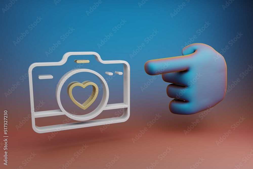 Aufkleber Beautiful illustrations abstract Hand index finger points to Camera with heart symbol icon on a multicolor bright background. 3d rendering illustration. Background pattern for design.