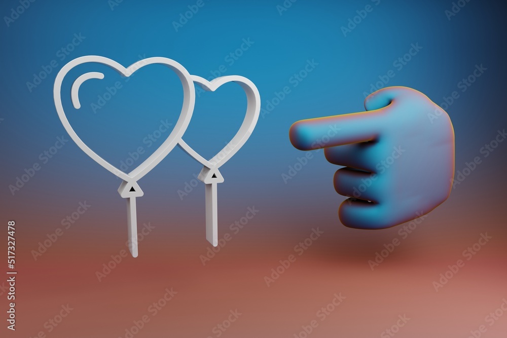 Poster Beautiful illustrations abstract Hand index finger points to Heart Balloons symbol icon on a multicolor bright background. 3d rendering illustration. Background pattern for design.