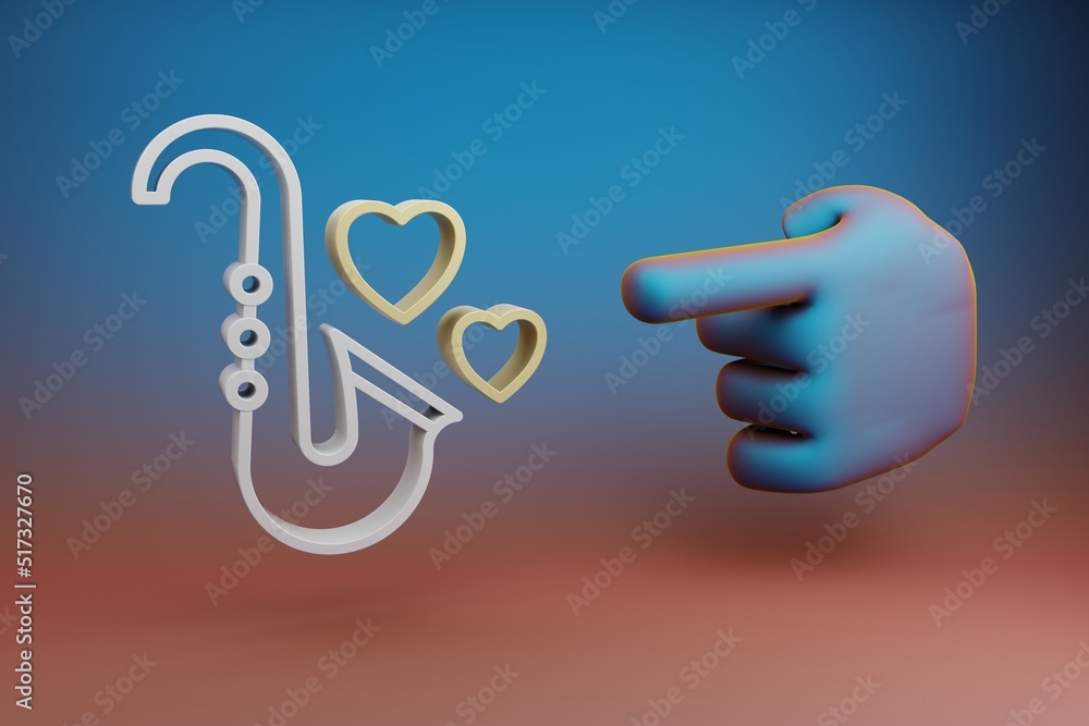 Aufkleber Beautiful illustrations abstract Hand index finger points to Saxophone with heart  symbol icon on a multicolor bright background. 3d rendering illustration. Background pattern for design.