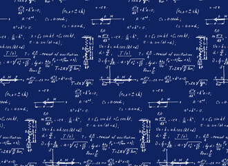Background with physics formulas and equations. Vintage blueprint. Vector seamless pattern.