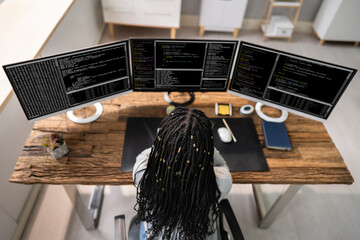 African American Coder Using Computer At Desk