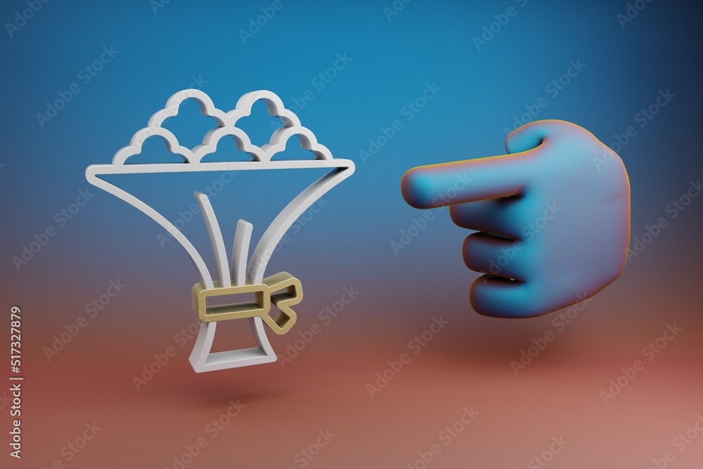 Poster Beautiful illustrations abstract Hand index finger points to Wedding Bouquet symbol icon on a multicolor bright background. 3d rendering illustration. Background pattern for design.