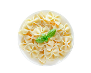 Farfalle, cooked pasta with basil green leaves, on plate, top view, isolated on white background with clipping path.