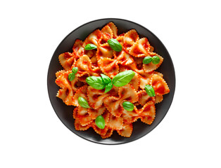 Farfalle, cooked pasta Italiano with tomato sauce and basil green leaves, top view, isolated on white background with clipping path.