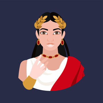 The avatar depicts a woman with a golden laurel wreath on her head, in a white dress in the Roman-Imperial style with a red toga. historical costumes. Flat illustration.