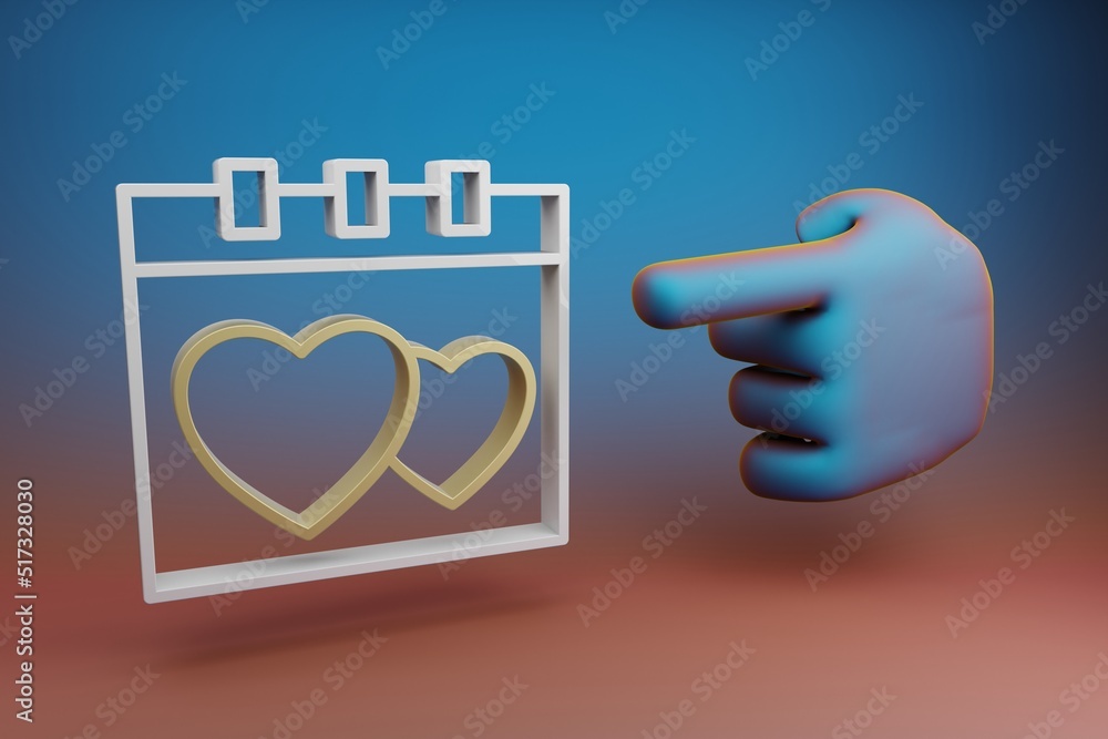 Poster Beautiful illustrations abstract Hand index finger points to Date with heart symbol icon on a multicolor bright background. 3d rendering illustration. Background pattern for design.
