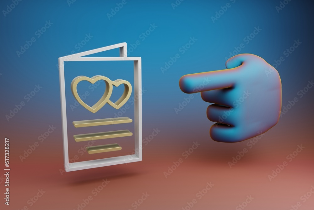 Poster Beautiful illustrations abstract Hand index finger points to Wedding Invitation with heart symbol icon on a multicolor bright background. 3d rendering illustration. Background pattern for design.