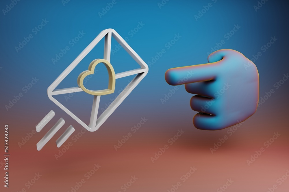 Aufkleber Beautiful illustrations abstract Hand index finger points to Wedding Invitation with heart symbol icon on a multicolor bright background. 3d rendering illustration. Background pattern for design.