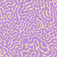 Y2k seamless pattern. Organic shape labyrinth print with wavy hand drawn curvy lines. Abstract texture for tippy groovy background. Squiggle duotune pulple and beige 70s style wallpaper. - obrazy, fototapety, plakaty