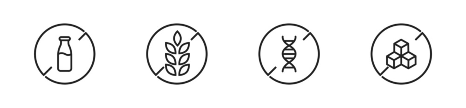 Gluten gmo lactose sugar free icon set. Allergy free product symbol collection. Vector isolated illustration. EPS 10.