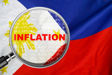 Magnifying glass focused on the word inflation on Philippines flag background. Hike interest rate. Inflation income crisis. Inflation, tax, cash flow and another financial concept in Philippines