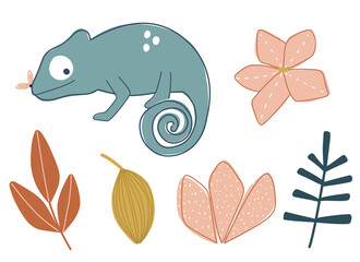 Seamless pattern tropical flowers and chameleon on white background in scandinavian style