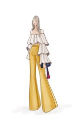 Fashion illustration. A beautiful girl with gray hair in yellow flared trousers and a white crop top with flounces and long sleeves. Bright summer look. Digital art.