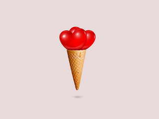 Heart with ice cream cone. Red Heart in ice cream. ice cream day and food concept.