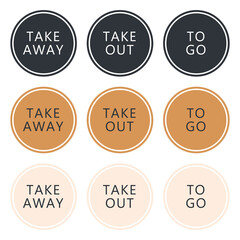 Take away fast food, lunch sticker. Isolated vector design. Round circle labels.