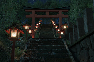 3d rendering of an old japanese shrine with red torii gate and wooden illuminated lantern illuminated at night - obrazy, fototapety, plakaty