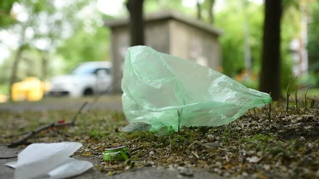 Littering on city street, trash discarded by the pavement