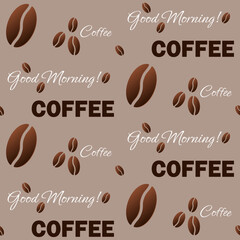 Coffee beans with white and brown lettering on soft brown background vector seamless pattern. Best for textile, home decor, wallpapers, wrapping paper, package and web design.