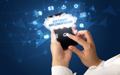 Obraz premium Hand using smartphone with cloud technology concept