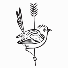 Bird on a branch drawing. Cute bird sits on a spike of wheat. Hand drawn bird vector illustration. Black and white calligraphic drawing. Tattoo design.