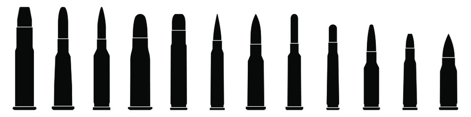 Bullet icon isolated. Various of military cartridge. Military ammunition. Bullet or patron silhouette. Vector illustration. - obrazy, fototapety, plakaty