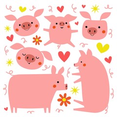 Vector illustration with pink pigs, flowers and hearts. Trendy farm animal print collection, sticker pack template set. 