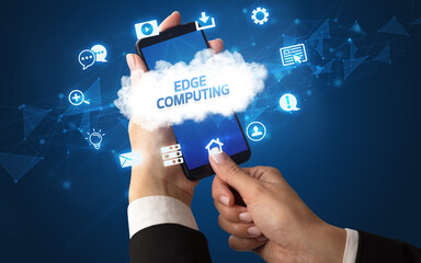 Hand using smartphone with cloud technology concept