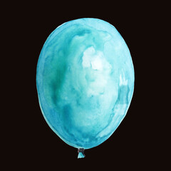 Isolated watercolor balloon on black background. Beautiful and colorful blue balloon.