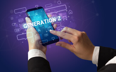 Hand using smartphone with social media concept