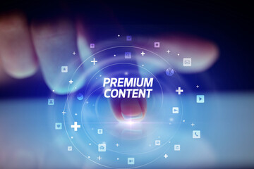Finger touching tablet with social media icons concept