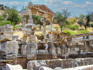 Ruins of the old temple with columns in the ancient city of Ephesus, Turkey.