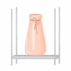 Ceramic vase with rope decorations on a stand, on a shelf. Isolated illustration on a white background. Vector.