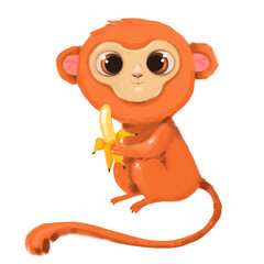 Cute watercolor lovely adorable hand drawn monkey ape character in the African tropical jungle with a banana.