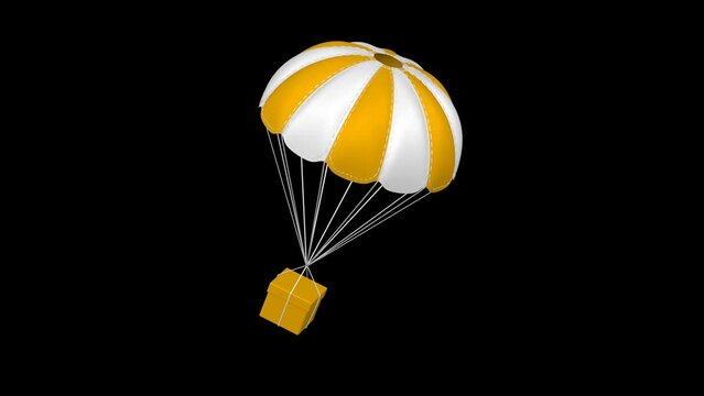Concept - The quick delivery. The box with parachute is swinging. Loopable. Luma matte. 3D rendering.
