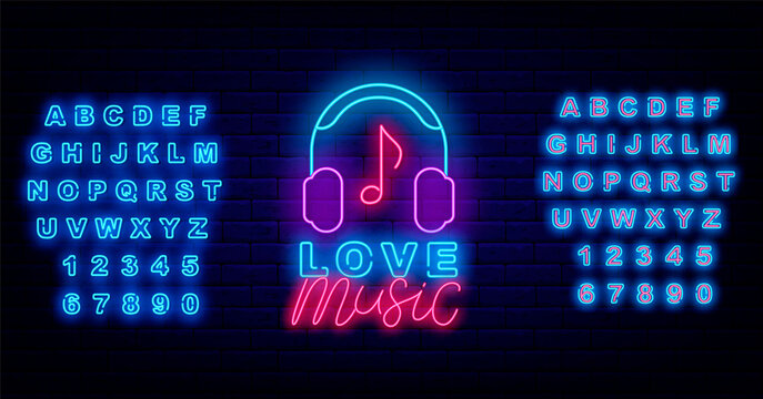 Love music neon signboard. Headphones and note. Talent show and karaoke label. Vector stock illustration