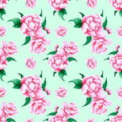 Handdrawn peony flowers seamless pattern. Watercolor pink peony on the mint background. Scrapbook design, typography poster, label, banner, textile.