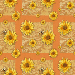 Seamless yellow sunflower pattern with butterfly wallpaper background