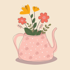 Pink cute teapot with a bouquet of flowers. Spring flowers. Can be used for greetings, postcards, posters, congratulations, tea room or shop.