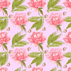 Fototapeten Handdrawn peony flowers seamless pattern. Watercolor pink peony on the pink background. Scrapbook design, typography poster, label, banner, textile. © Aleksandra Shvetsova
