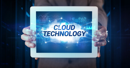 Person holding tablet, technology concept