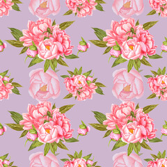 Handdrawn peony flowers seamless pattern. Watercolor red peony with green leaves on the grey background. Scrapbook design, typography poster, label, banner, textile.