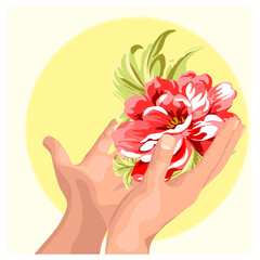 peony flower in human hands