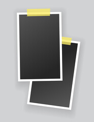 Blank photo frames hanging on adhesive tape. Vintage mockups template for memory album or scrapbook. Retro pictures with white boarders and shadows