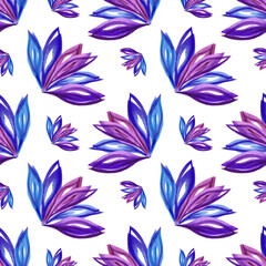 Fototapeta premium Hand drawn Watercolor blue and purple abstract flowers seamless pattern on the white background. Scrapbook design elements. Typography poster, wedding invitation, postcard, label, banner design.