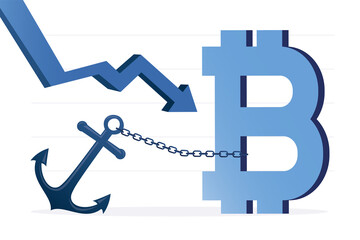 Bitcoin is held in place by large anchor. Fall of cryptocurrency market. Blockchain technology, unprofitable investments in cryptocurrencies. Big drop arrow, bitcoin sale. - obrazy, fototapety, plakaty
