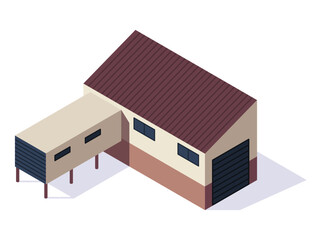 Isometric factory. Concept of industrial plant. Industrial bulding. 3d isolated icon. Architecture of manufacture house