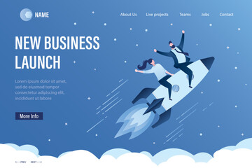 New business launch, landing page template. Spaceship takes off into space. Happy co-founders flying on spaceship. Startup development, business banner concept. Successful project. - obrazy, fototapety, plakaty